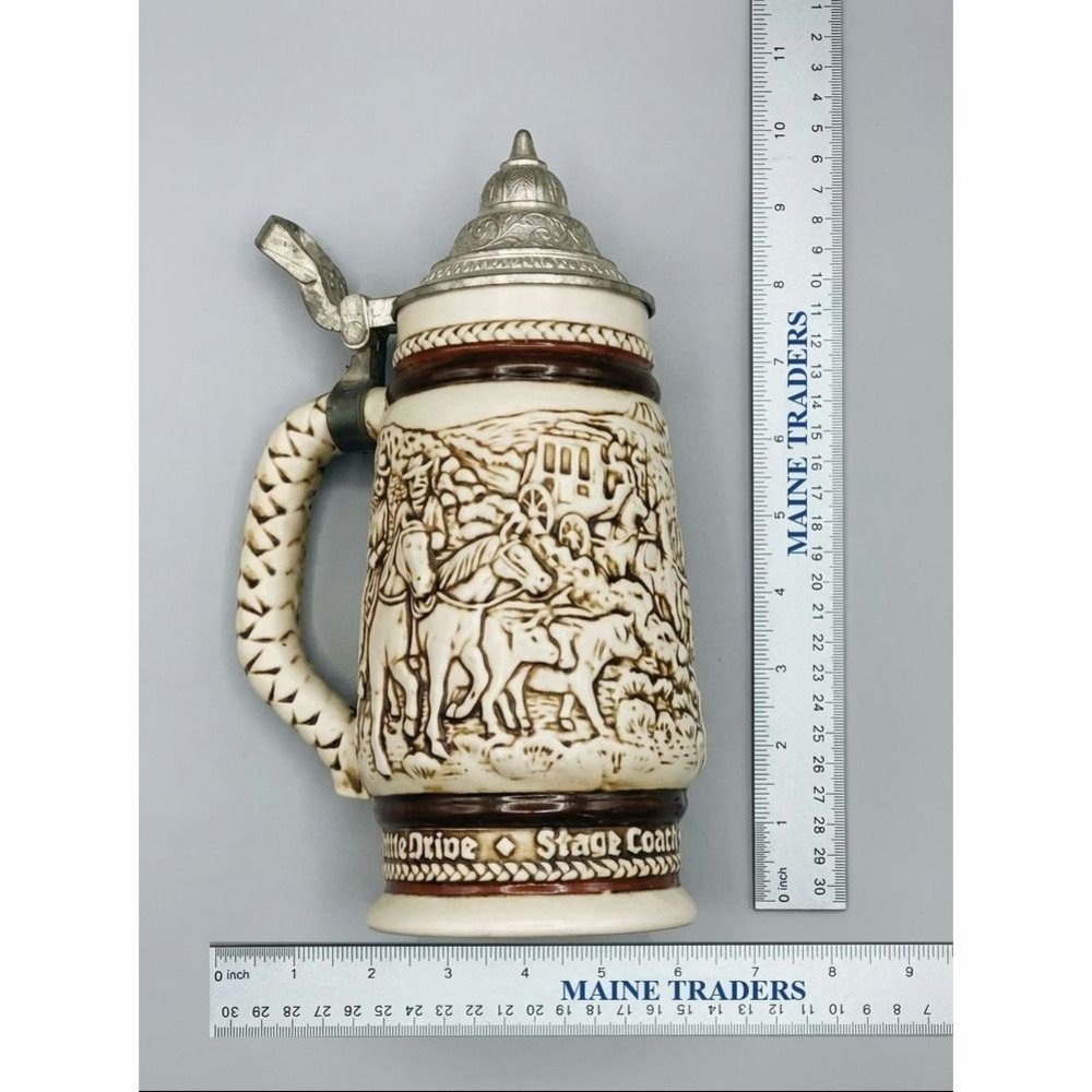 AVON Beer Stein Men 9" Cream Cattle Drive Stagecoach Raised Relief Lidded